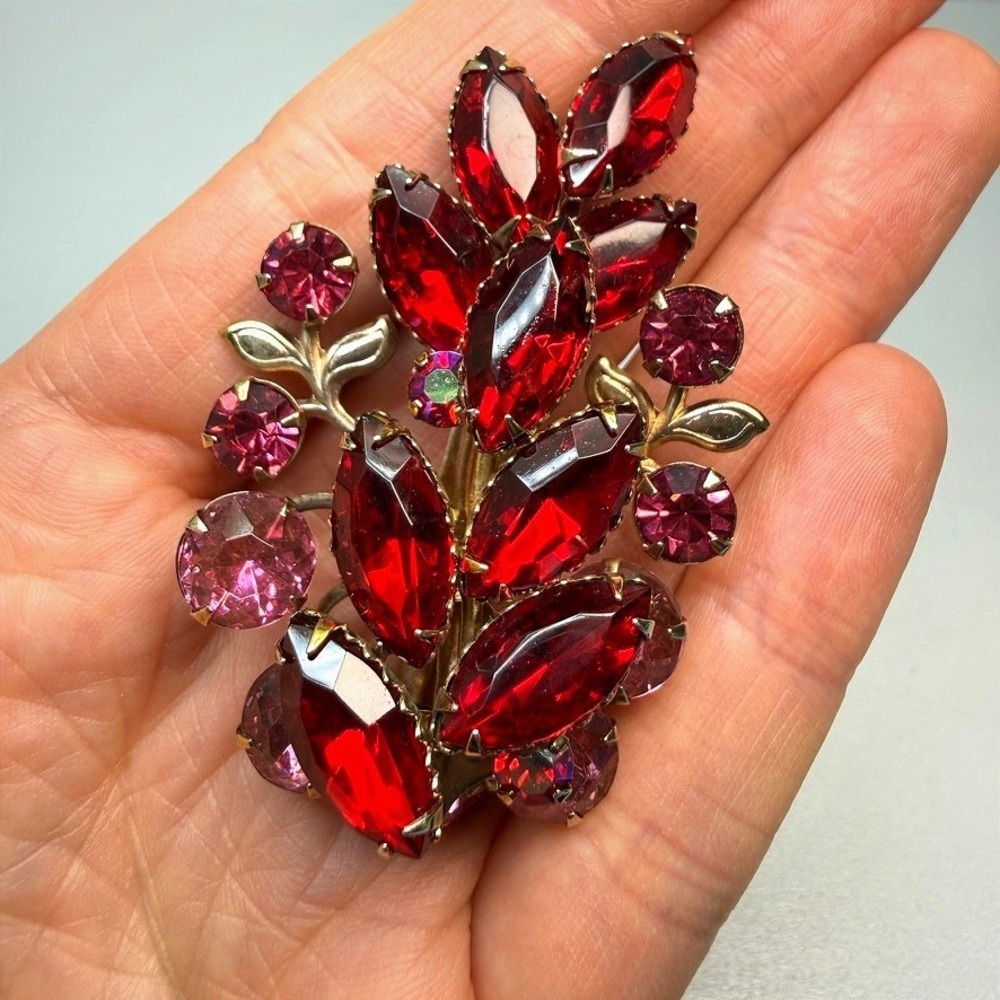 Vintage Red Pink Rhinestone Floral Brooch Gold Tone MCM Riveted Large Statement